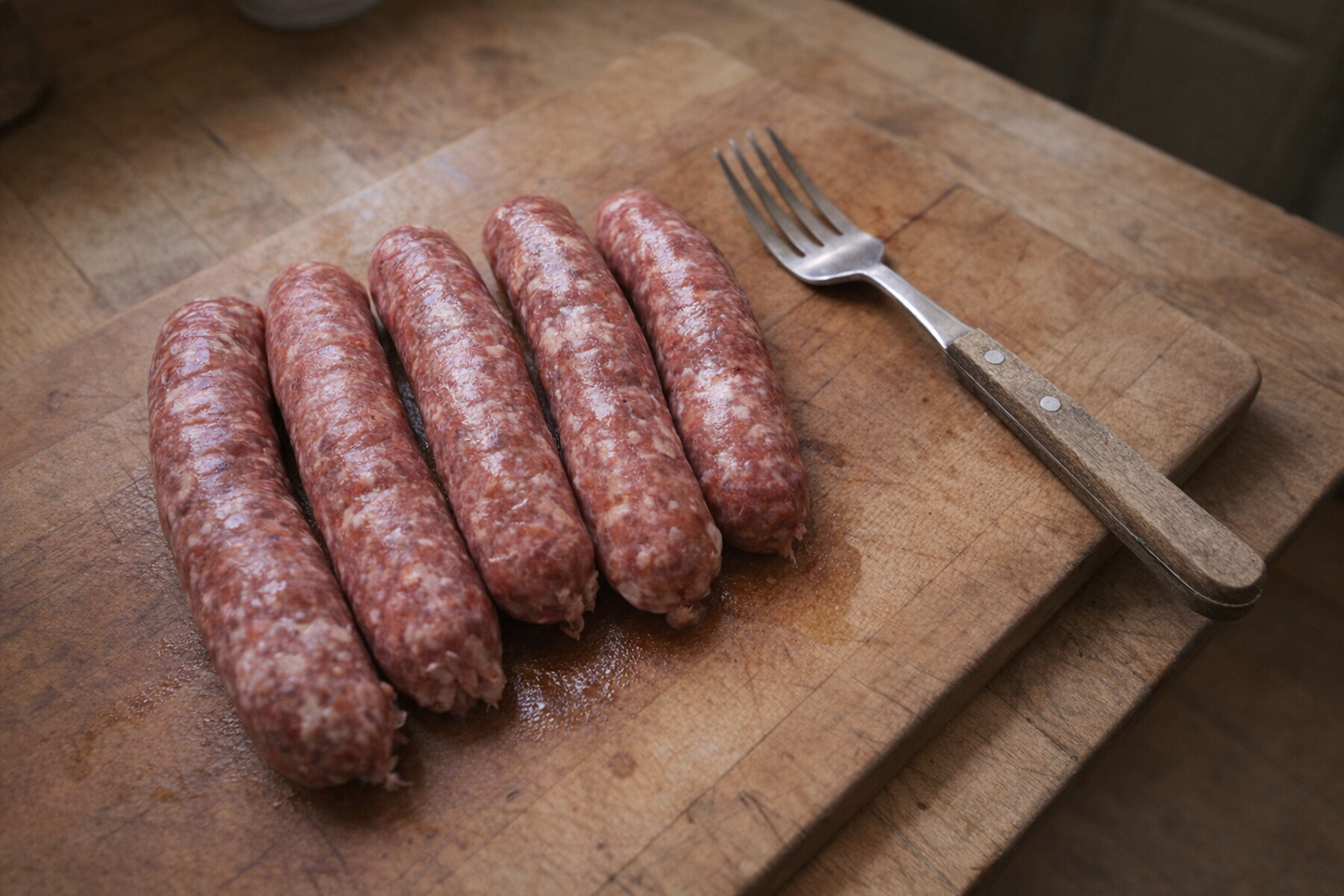 Close up, overhead shot of raw Italian sausages on a cutting board next to a metal fork. Good natural light, rustic wood background.